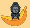 giant banana with gorilla ape black monkey. cartoon Animal Isolated Flat Style Sticker Web Design Icon illustration Premium Vector