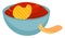 A giant blue bowl filled with sauce and garnished with a single potato chip vector or color illustration