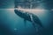 Giant blue whale floating underwater in ocean going up to take big breath. Generative AI