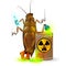 A giant cockroach drinks a radioactive cola and chemical waste from a rusty barrel. Toxic green fluorescent liquid in a