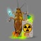 A giant cockroach drinks a radioactive cola and chemical waste from a rusty barrel. Toxic green fluorescent liquid in a