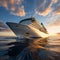 Giant cruise ship at sunset sailing through the sea with a cloudy orange sky on the background. Big cruise liner sailing on a