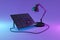 giant desk lamp shining light on solar panel on infinite colorful background renewable unlimited green energy concept 3D