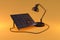 giant desk lamp shining light on solar panel on infinite colorful background renewable unlimited green energy concept 3D