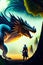 Giant dinosaurs dragon monster fight with a cool samurai ninja warrior in the mysterious jungle. magical forest epic battle scene