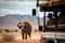 Giant Elephants Wander Across The African Plains Jeeps Carry Passengers Through The Wild Safari. Generative AI