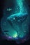 Giant fish monster in ocean, surreal digital illustration. Bioluminiscence, luminous light under water. Dreamlike, otherworldly