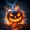 Giant flaming pumpkin over water, dark background, a Halloween image