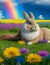 A giant, fluffy rabbit with a rainbow-colored mane, lounging in a meadow of wildflowers.