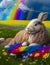 A giant, fluffy rabbit with a rainbow-colored mane, lounging in a meadow of wildflowers.