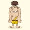 Giant Funny cartoon caveman. Cute humorous prehistoric character. Vector cave dweller. Design for print, emblem, t-shirt,