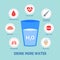 Giant glass of water with health icon. Benefit of water to human health infographic. Thirsty and dehydration. Drink more water con