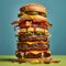 Giant hamburger with cheese, salad, bacon on blue background