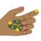 Giant hands holding tiny elements of paper money and coins. The concept of business, shop, money, salary.