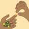 Giant hands holding tiny gold coins. Giant\\\'s hands. The concept of business, shop, money, salary.