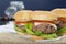 Giant homemade burger classic american cheeseburger on sack