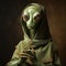Giant humanized praying mantis portrait dressed in khaky gown. Parallel worlds. Aliens. AI generated art. Concept of univers, life
