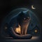 Giant illustrated black cat at night with moon with lantern