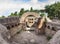 Giant immersive panoramic view of an ancient Roman graves with typical columbarium architecture located in the archaeological