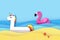 Giant inflatable Fantasy Unisorn and Pink Flamingo paper cut style. Origami Pool float toys. Crystal clear blue sea