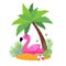 Giant inflatable Pink Flamingo on the sunny beach. Pool float toy, ball and palm tree. Summer holidays. Sunny days