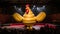 A giant, inflatable rubber chicken balloon, hovering over a comedy show stage