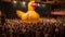 A giant, inflatable rubber chicken balloon, hovering over a comedy show stage