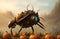 A giant insect that is standing in the middle of a field of pumpkins in front of a foggy sky with lots of orange