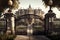 giant iron gates, towering over the entrance to a grand estate with manicured gardens
