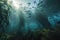 giant kelp forest with schools of fish swimming among the foliage