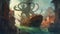 Giant kraken attacking a port city. Fantasy concept , Illustration painting