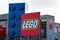 Giant Lego bricks in front of the Lego Group company logo production plant