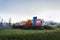 Giant Lego bricks in front of the Lego Group company logo production plant