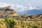 Giant lobelia and winding road in the Ethiopian highlands