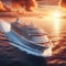 A giant luxurious cruise ship sailing the ocean during sunset