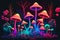 Giant, magical mushrooms flourish in an enchanted woodland illustration. Psychedelic neon colors poisonous mushroom on dark