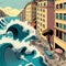 giant marine tsunami destroying a city