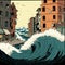 giant marine tsunami destroying a city