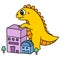 The giant monster Godzilla is walking in the city. doodle icon draw