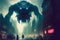 giant monster invading night city. science fiction. Futuristic scene