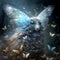 Giant moth king, whimsical fantasy illustration, mystic glowing butterflies
