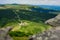 Giant Mountains, mountain panorama from the hiking trail to the top of Sniezka. View of the vast mountain slopes and trails