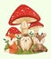 Giant mushrooms with wildlife animals fox hedgehog and deer . Realistic watercolor paint with paper textured . Cartoon character
