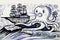 Giant octopus catches old style sail ship hand drawn illustration