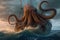 A giant octopus covers the sailors& x27; ship with its tentacles,generative AI.