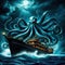 giant octopus kraken monster attacking pirate ship in the