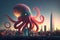 a giant octopus made of jelly beans, attacking a city skyline AI gererated