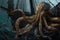 giant octopus wreaking havoc on shipwreck, tentacles wrapping the deck and cabins