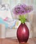 Giant Onion (Allium Giganteum) flowers in the flower vase on tab