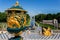 Giant ornate green and gold urn in front of the Great Cascade and Samson fountains - Peterhof Palace in Petergof, St Petersburg